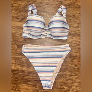 Shade & Shore Striped Bikini Set Size Top 36D High Waisted Bottom Medium